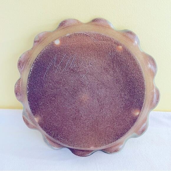 Vtg Signed Studio Stoneware Pottery Pie Plate Dish Pan Ruffled Edge Hand-Made - Picture 6 of 8